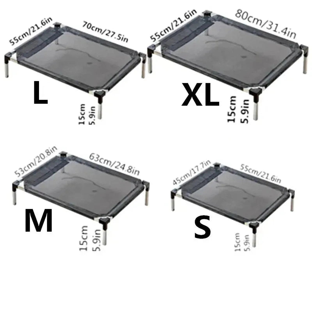 Hundbädd på ben med upphöjd rektangulär liggyta - S - 45x55x15 cm, M - 63×53x15 cm, L - 70×55x15 cm, XL - 80×55x15 cm