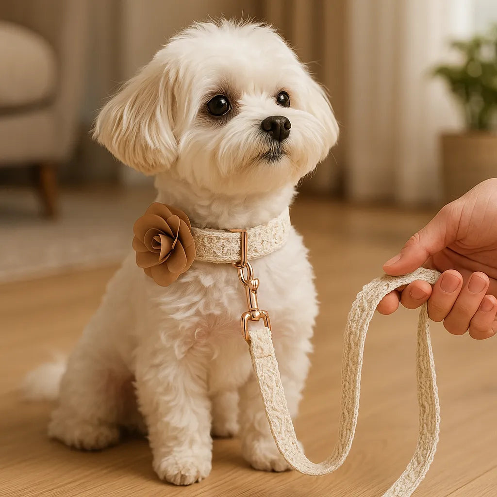 Hundhalsband med spetsmönster, blomma och koppel