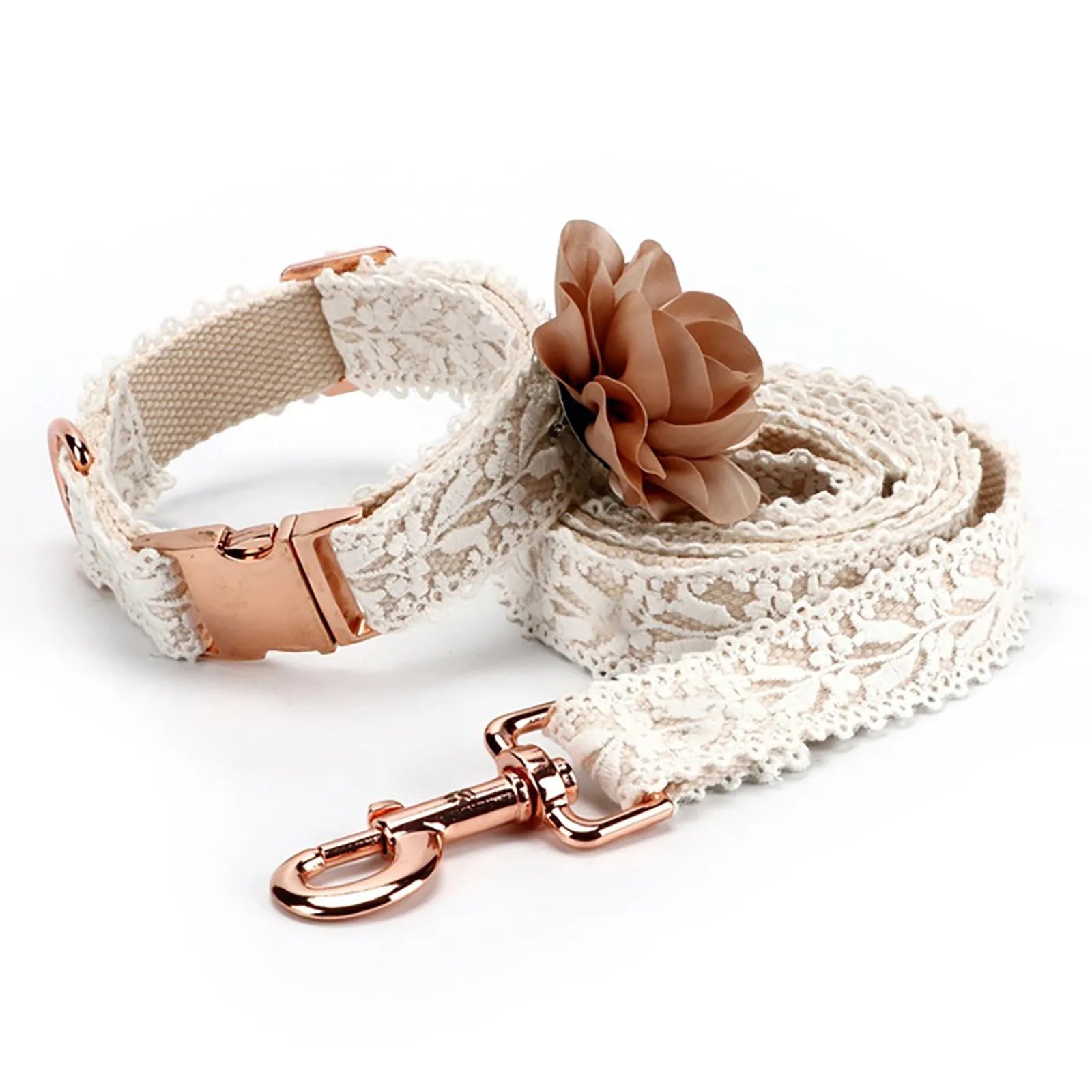 Hundhalsband med spetsmönster, blomma och koppel - S, M, L