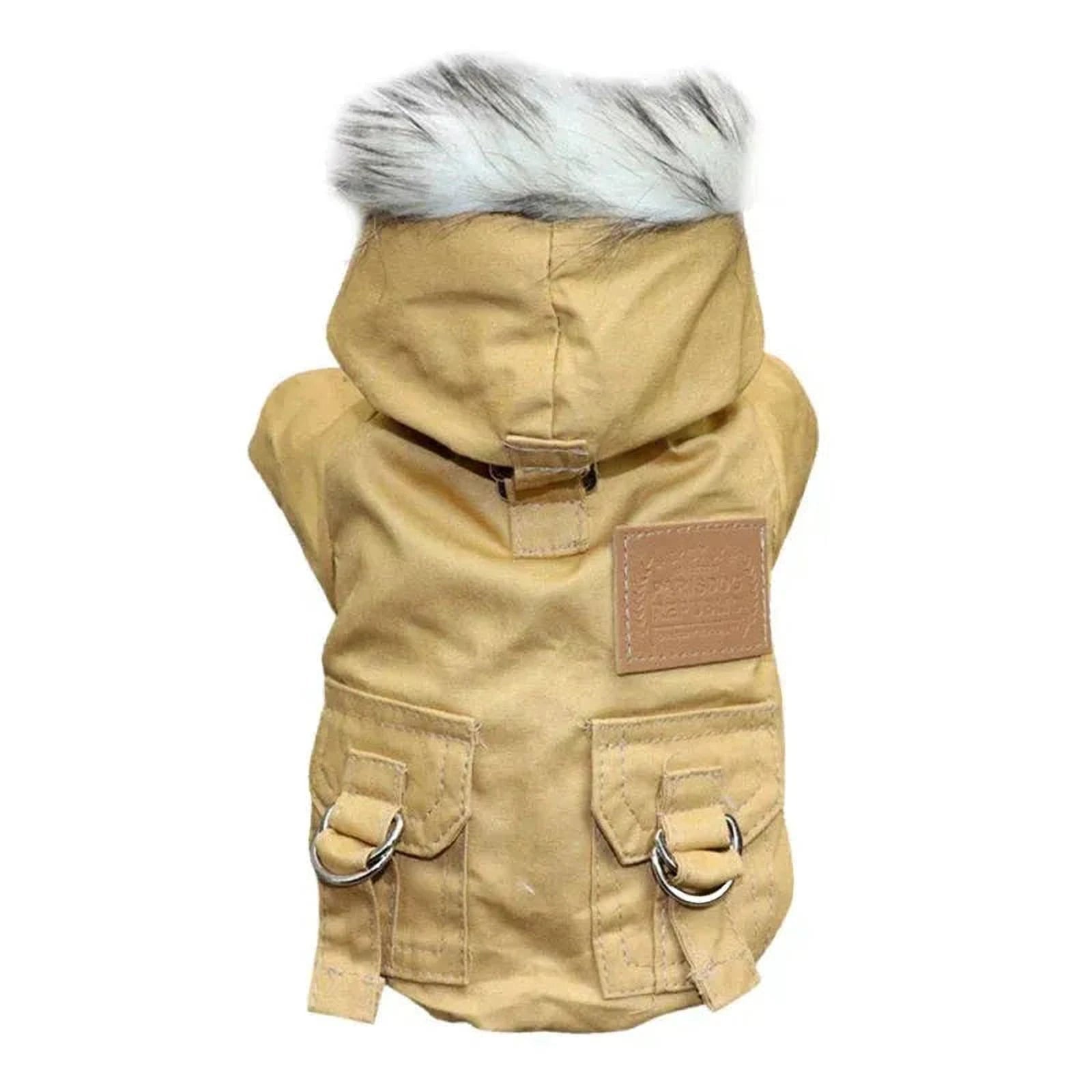 Hundjacka i parkamodell med huva och kant i pälslook - Khaki