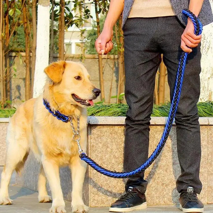Hundkoppel med flätat rep och halsdel med kedja - Blå