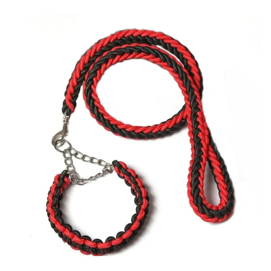Hundkoppel med flätat rep och halsdel med kedja - Svart Röd