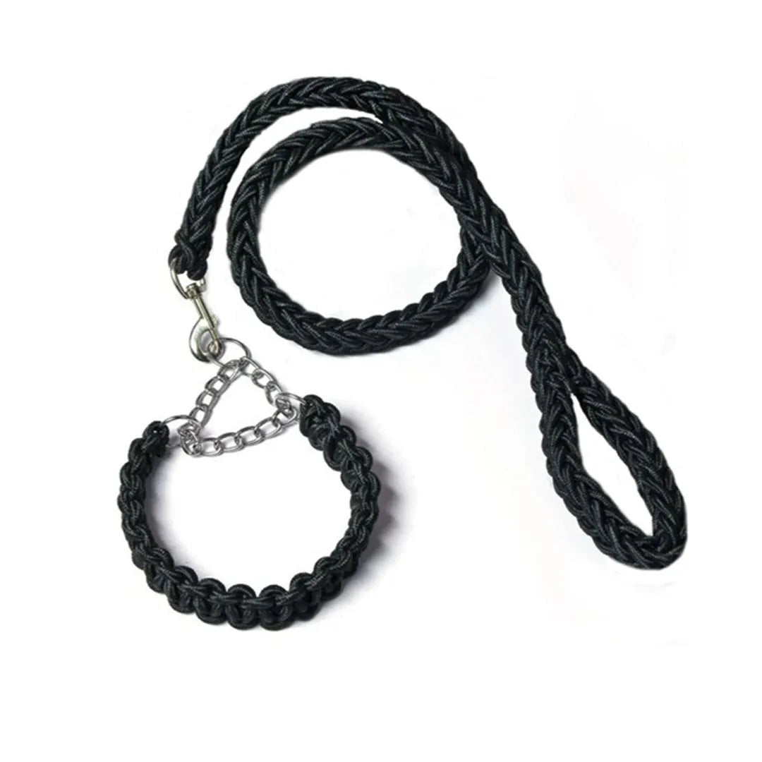 Hundkoppel med flätat rep och halsdel med kedja - Svart