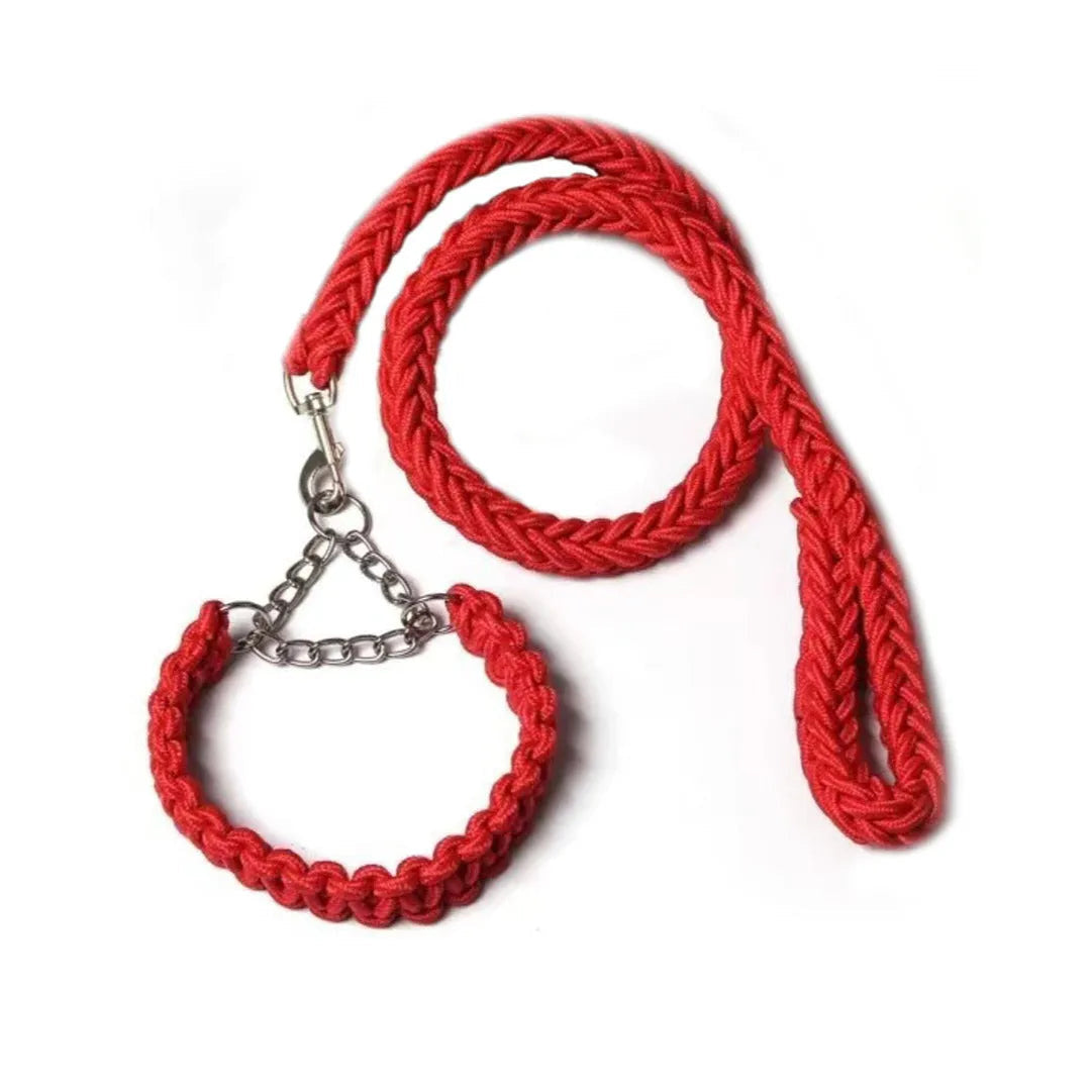 Hundkoppel med flätat rep och halsdel med kedja - Röd