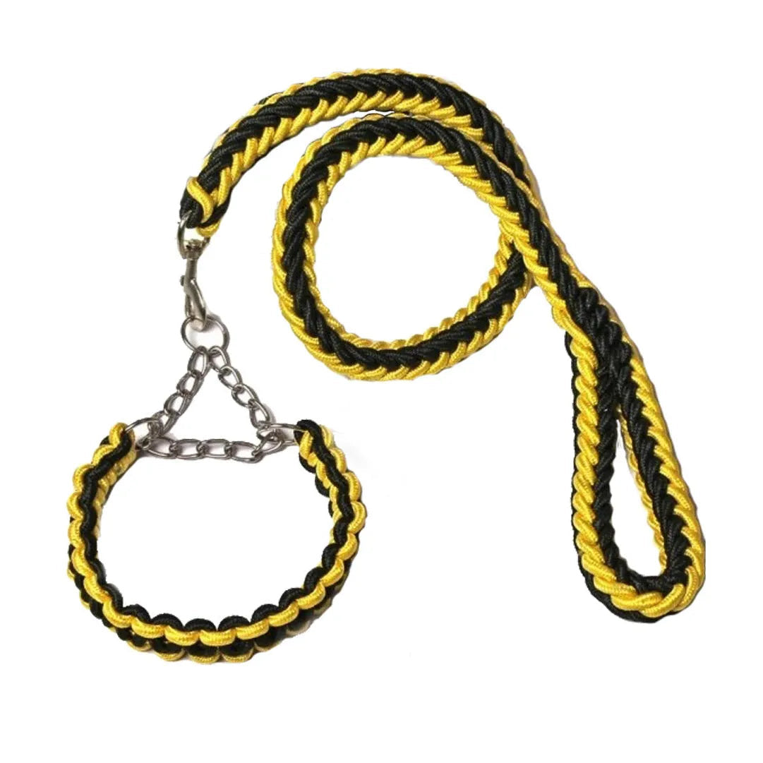 Hundkoppel med flätat rep och halsdel med kedja - Svart Gul