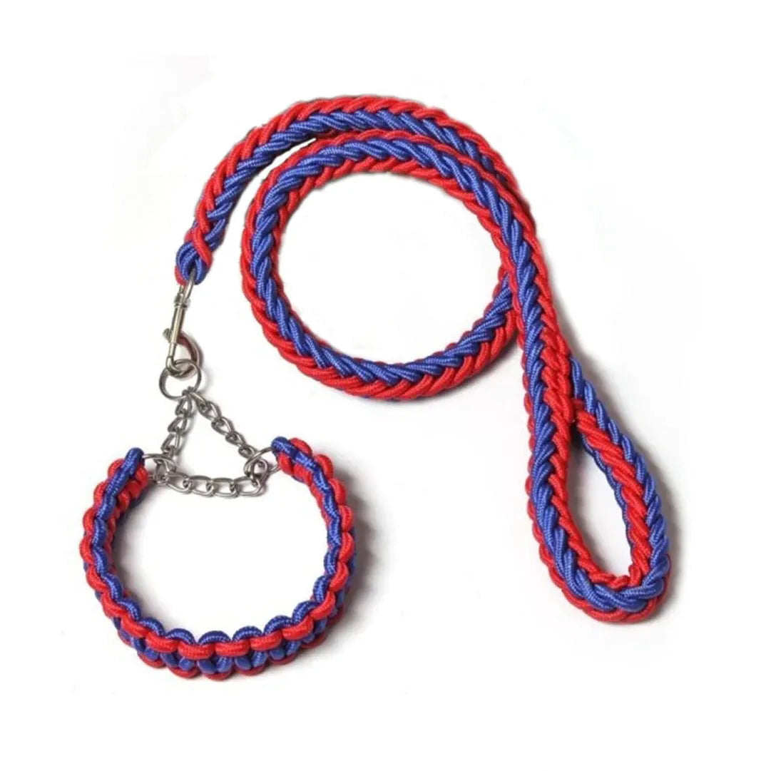 Hundkoppel med flätat rep och halsdel med kedja - Blå Röd