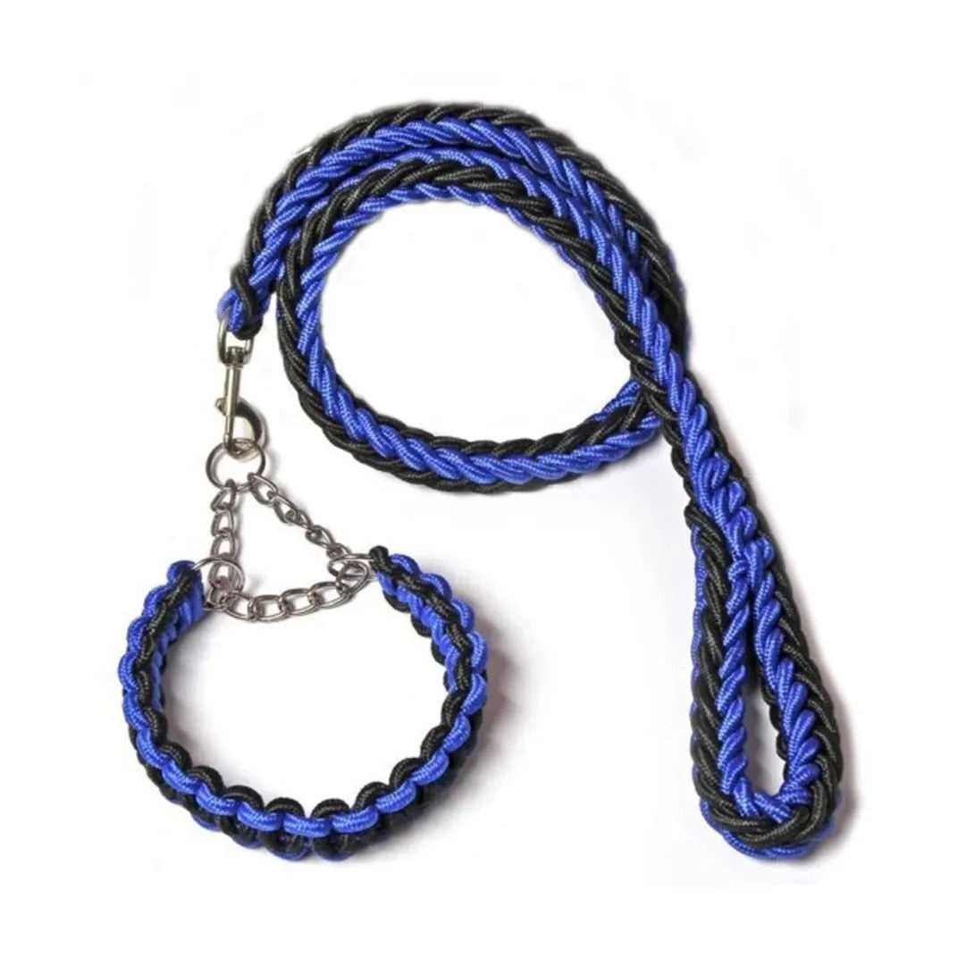 Hundkoppel med flätat rep och halsdel med kedja - Svart/blå