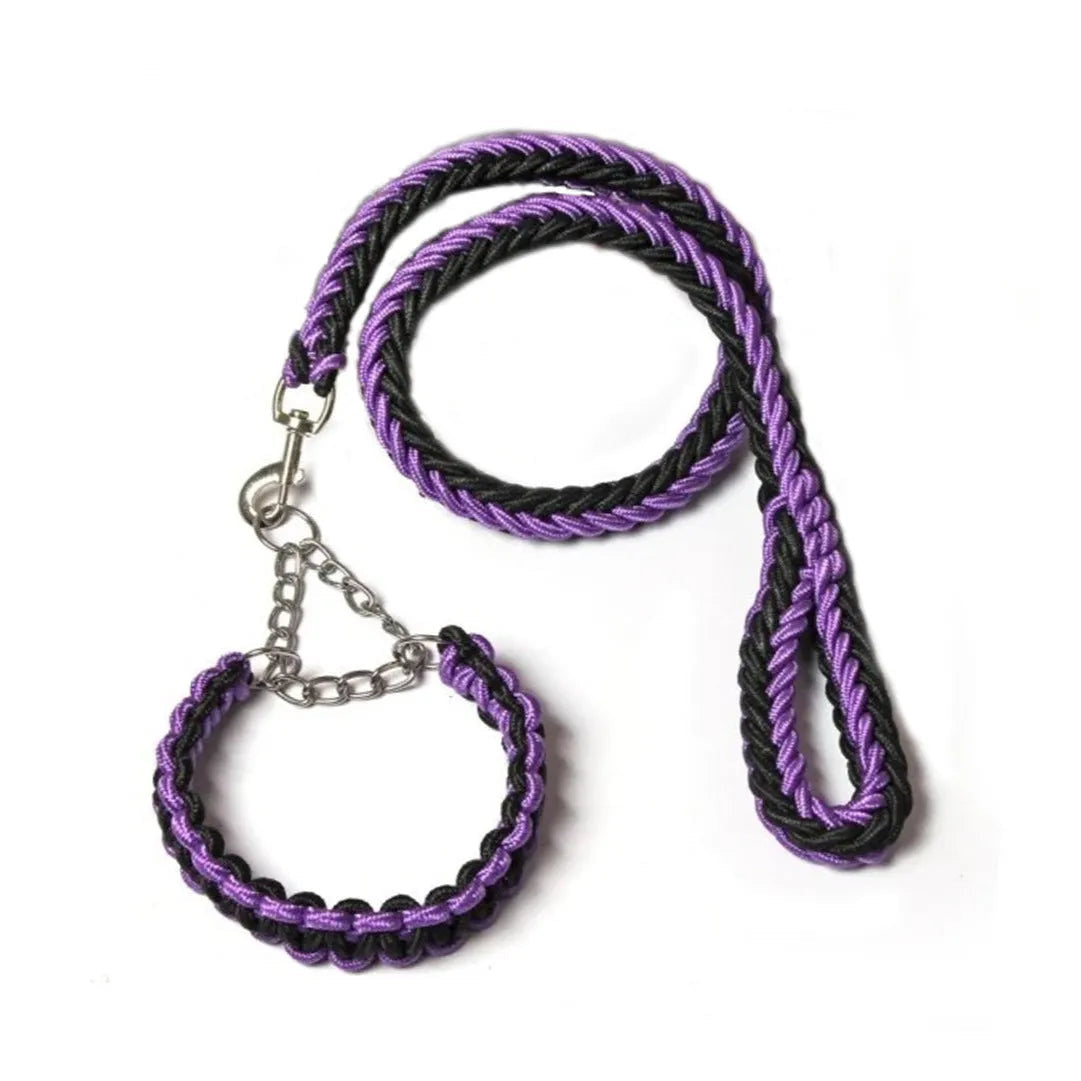 Hundkoppel med flätat rep och halsdel med kedja - Svart Lila