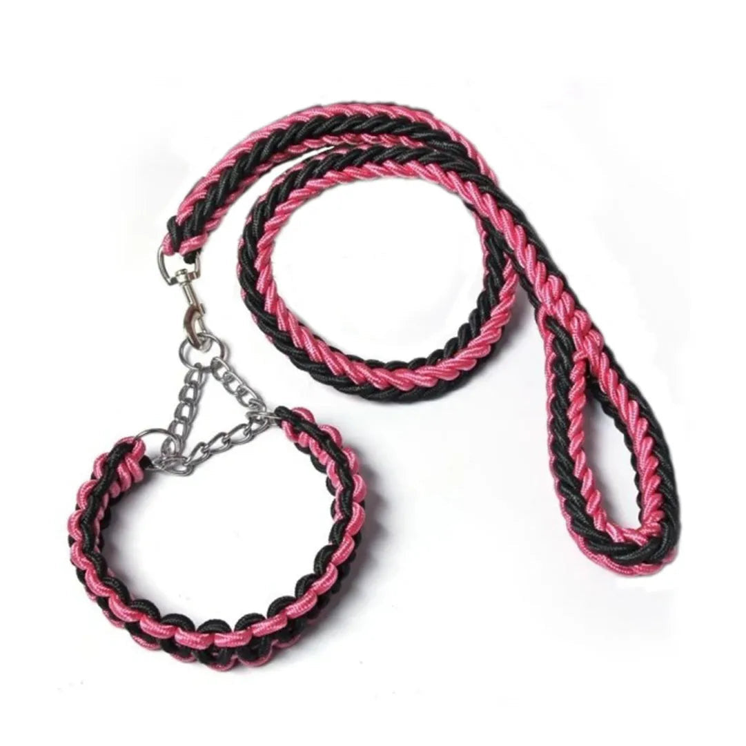 Hundkoppel med flätat rep och halsdel med kedja - Svart Rosa