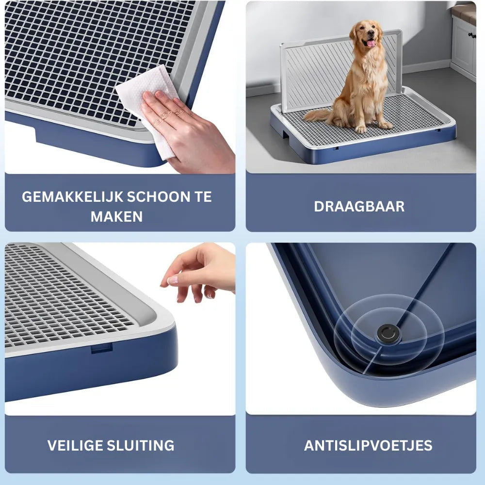 Hundtoalett med gallerbotten och uppfällbart stänkskydd - Blå