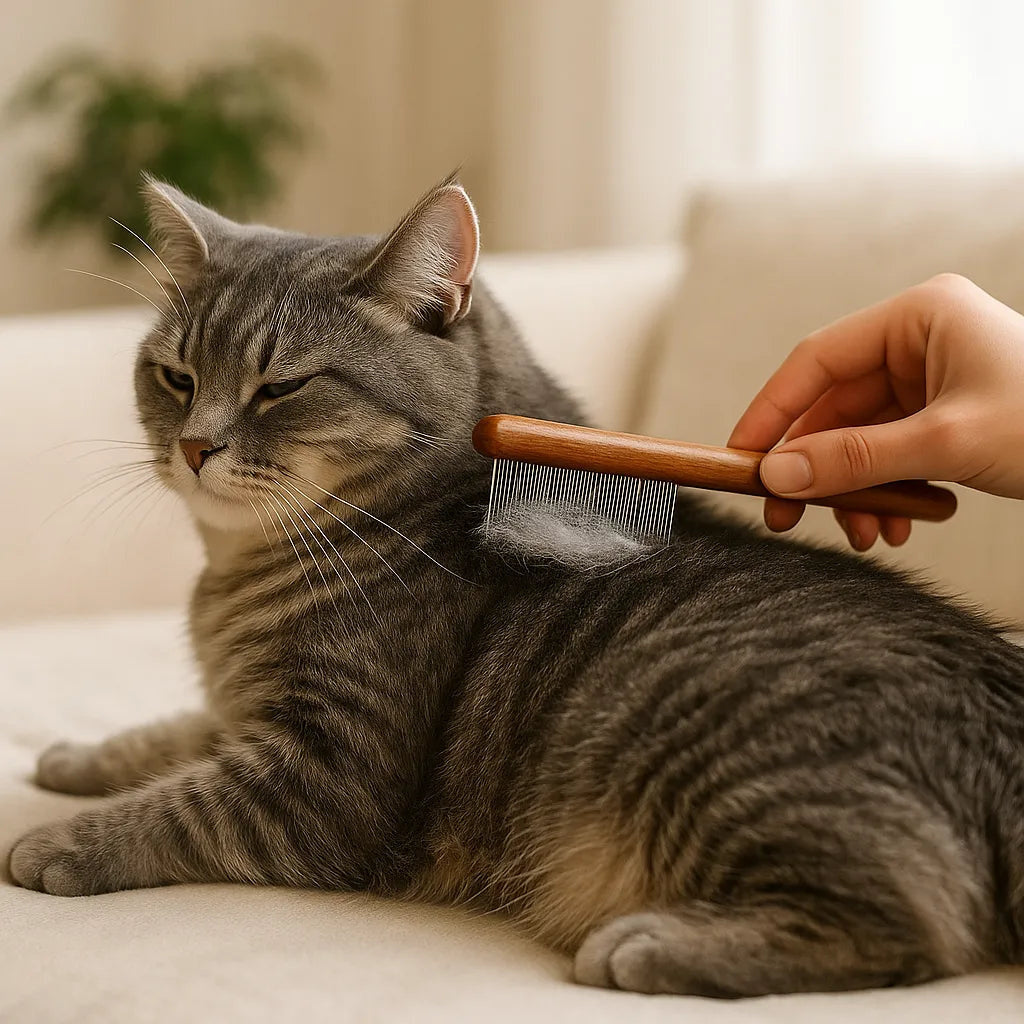 Kattkam med långt trähandtag och fina metalltänder