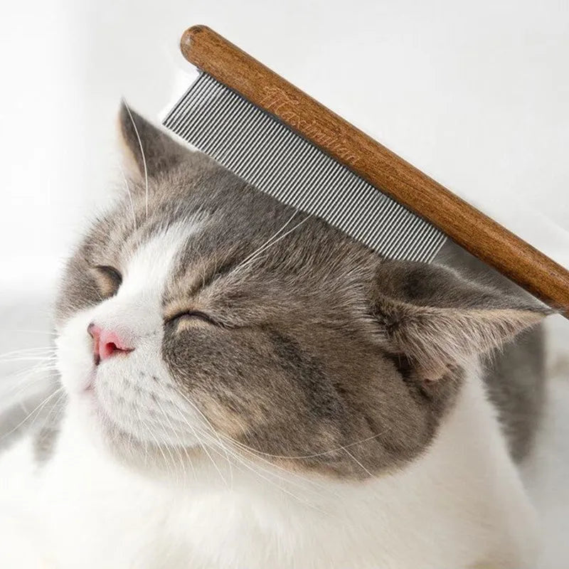 Kattkam med långt trähandtag och fina metalltänder