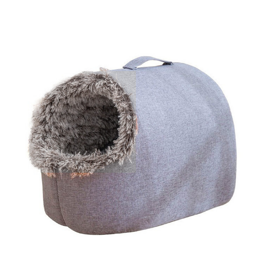 Kattigloo med rund öppning, bärhandtag och pälskant - Grå