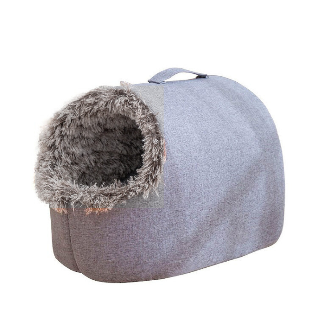 Kattigloo med rund öppning, bärhandtag och pälskant - Grå
