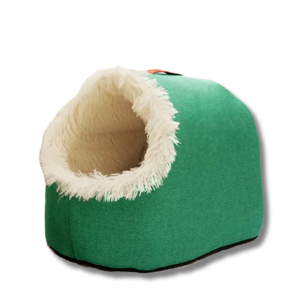 Kattigloo med rund öppning, bärhandtag och pälskant - Grön