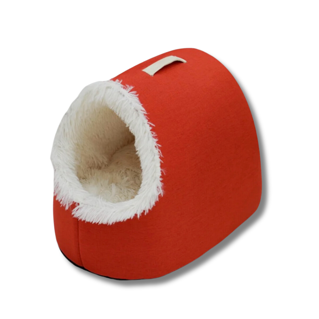 Kattigloo med rund öppning, bärhandtag och pälskant - Röd