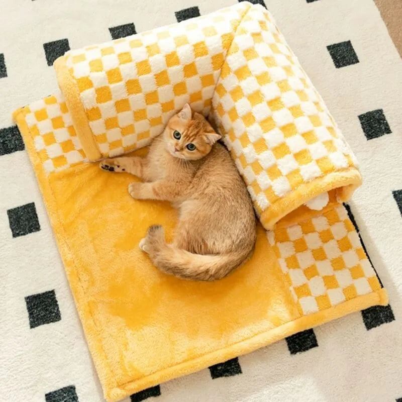 Kattunnel med rutigt mönster och vadderad liggmatta - Gul