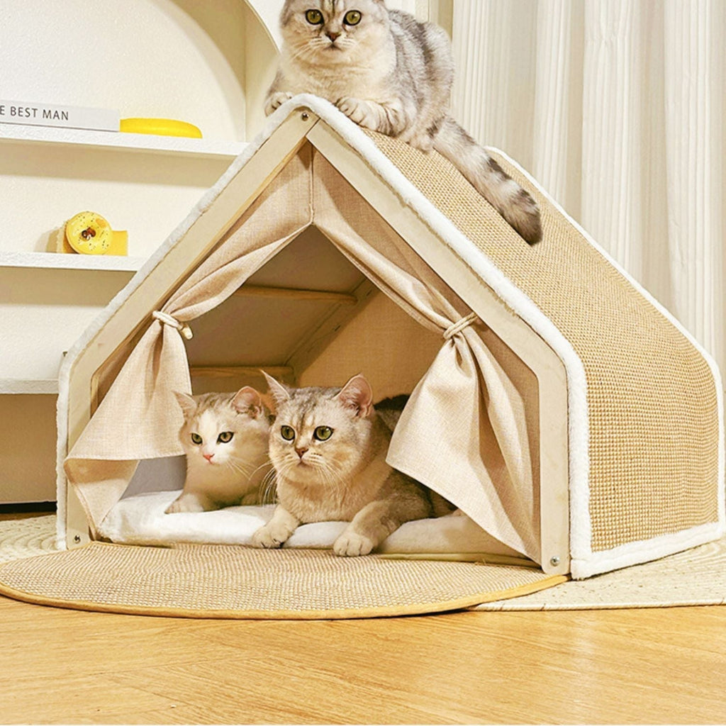 Klösmöbel katt - tältform med vävd utsida och liggkudde