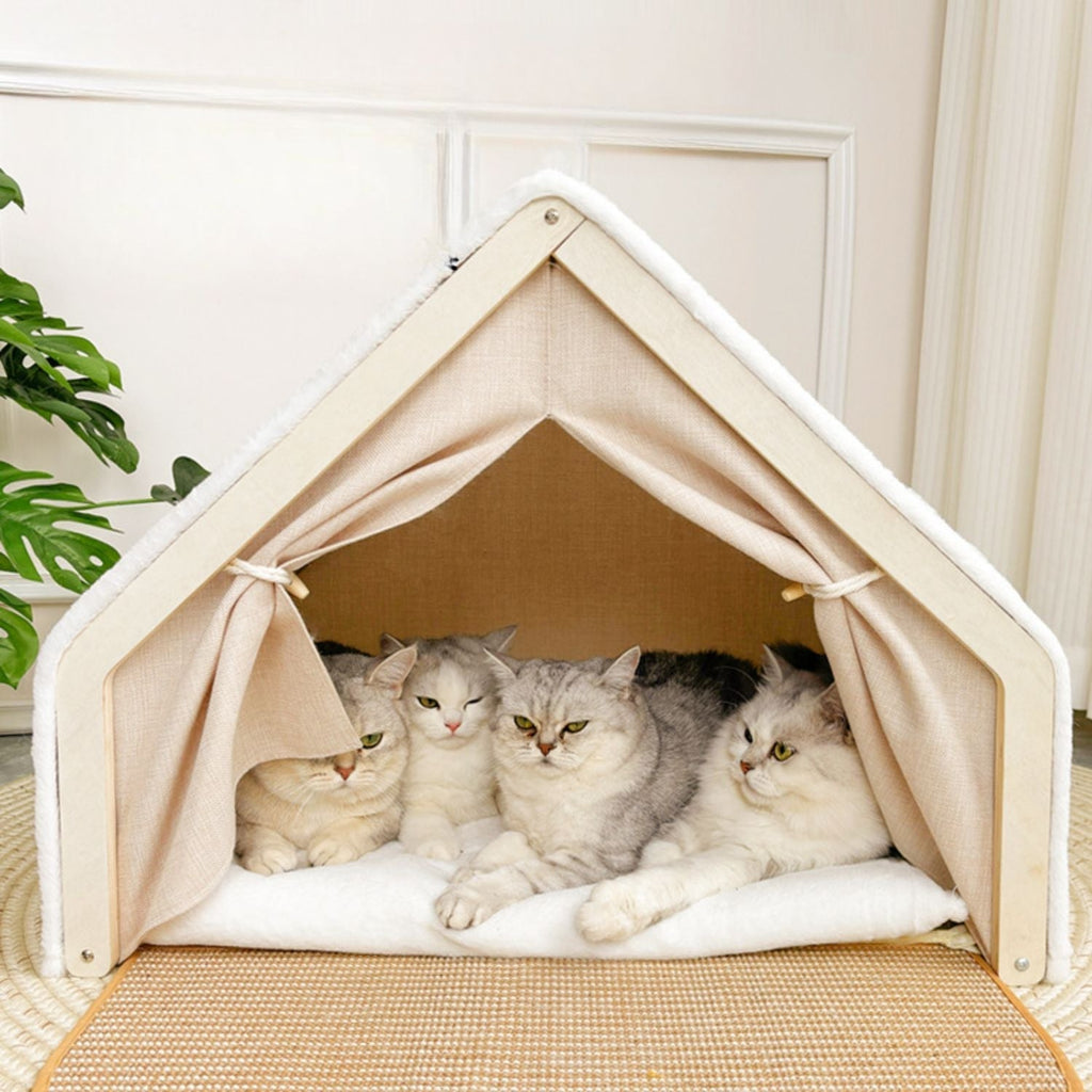 Klösmöbel katt - tältform med vävd utsida och liggkudde - Beige