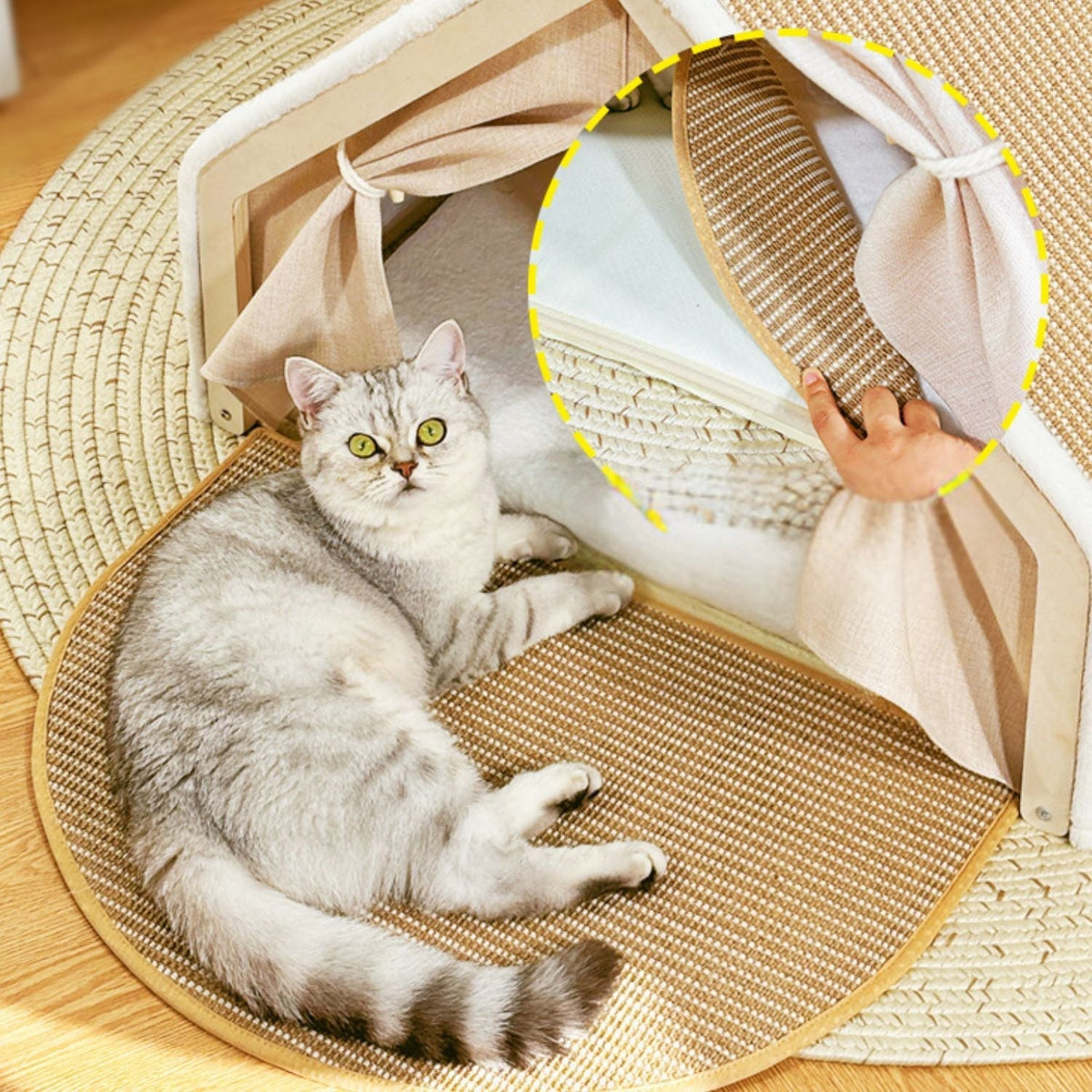 Klösmöbel katt - tältform med vävd utsida och liggkudde