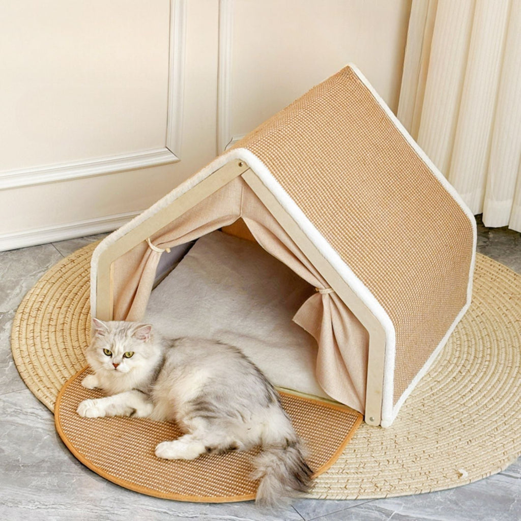 Klösmöbel katt - tältform med vävd utsida och liggkudde