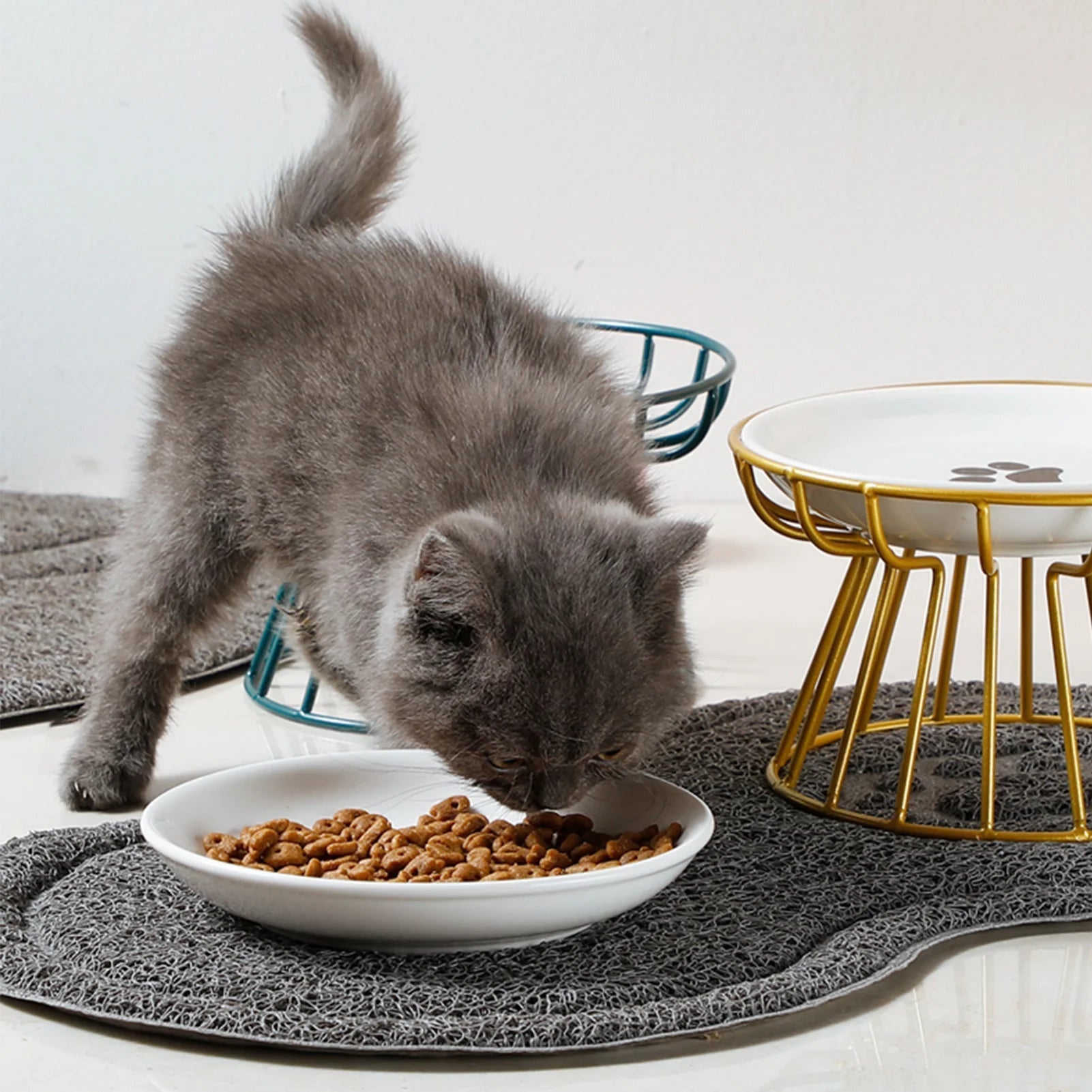 Matskål katt - mönstrad skål för katt och hund i trådställ