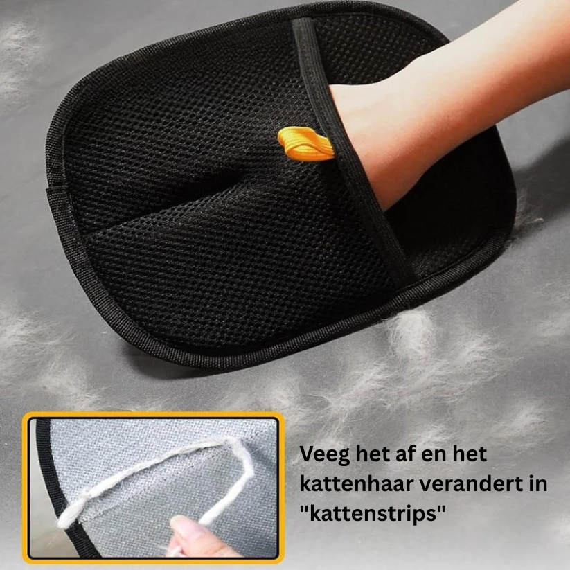 Pälsvårdshandske med bred svart yta och gula detaljer