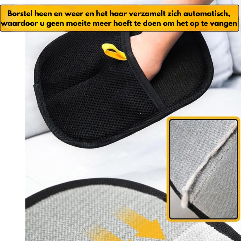Pälsvårdshandske med bred svart yta och gula detaljer
