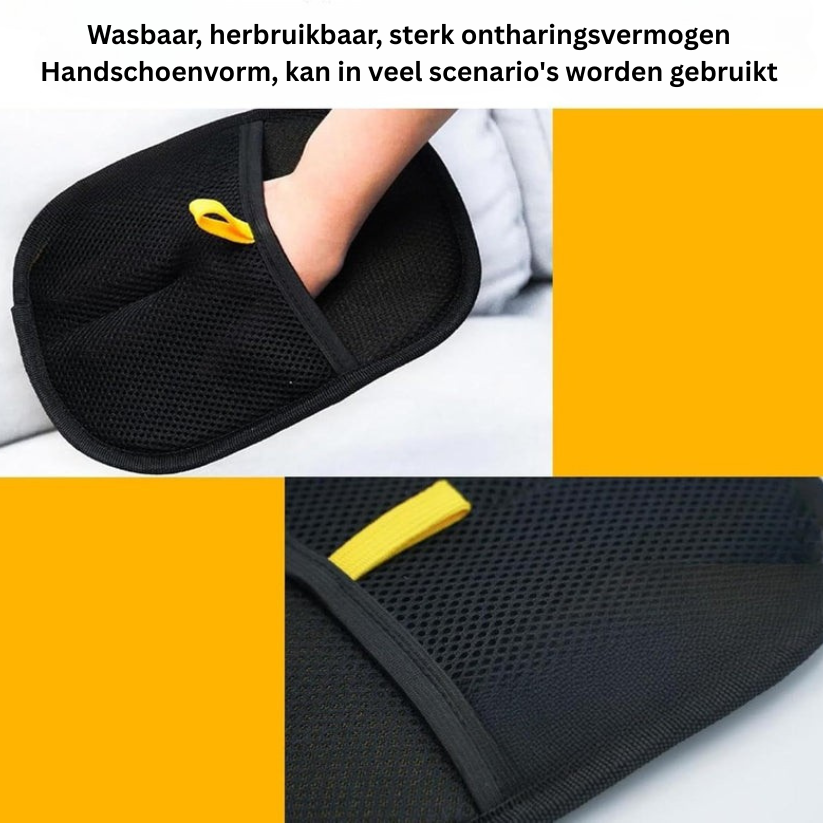 Pälsvårdshandske med bred svart yta och gula detaljer