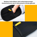 Pälsvårdshandske med bred svart yta och gula detaljer
